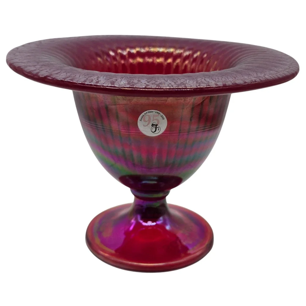 VINTAGE FENTON 2000 SGS RED STRETCH GLASS FLARED COMPOTE RIBBED INTERIOR